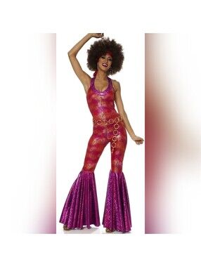 NIB Franco Women's 70s Disco Metallic Bell Bottom Jumpsuit Costume, Medium